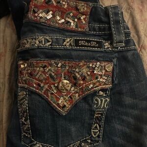 Miss Me Dark Blue Boot Cut Jeans with Red Sequined Paisley Pockets
